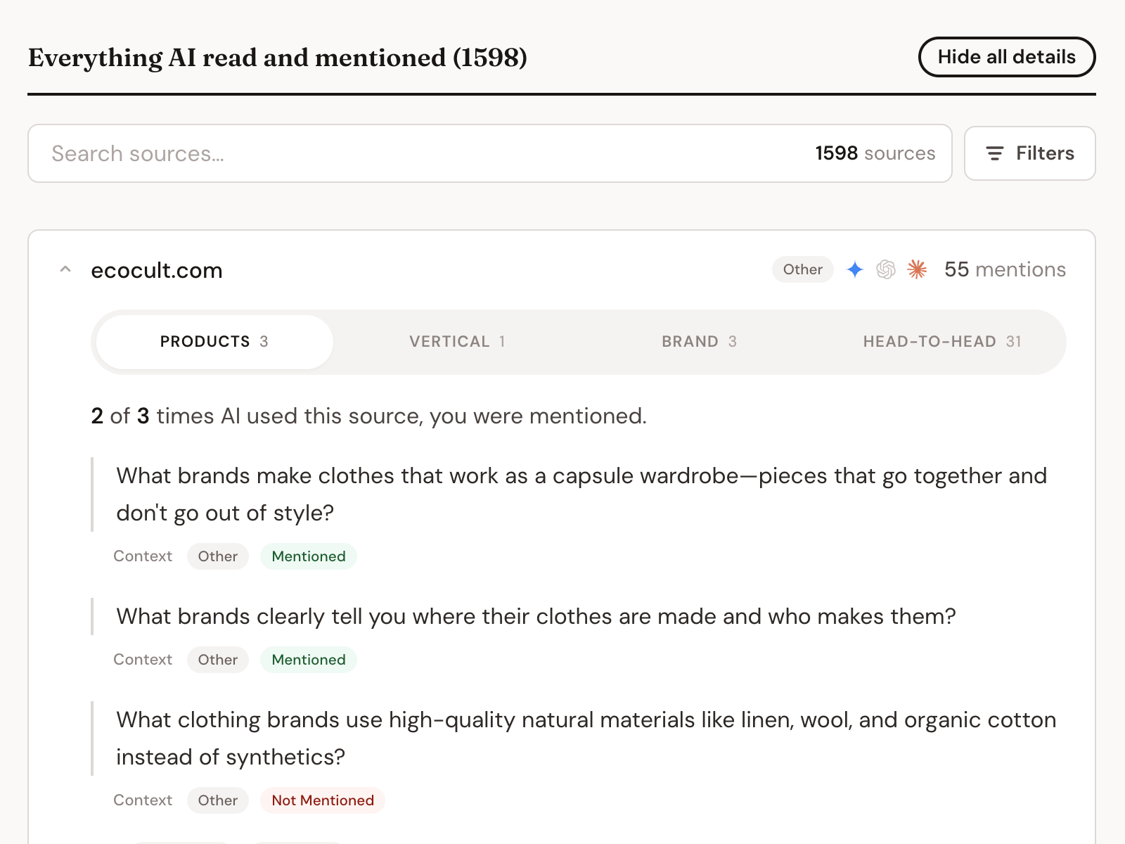 List of sources AI cited in its answers.