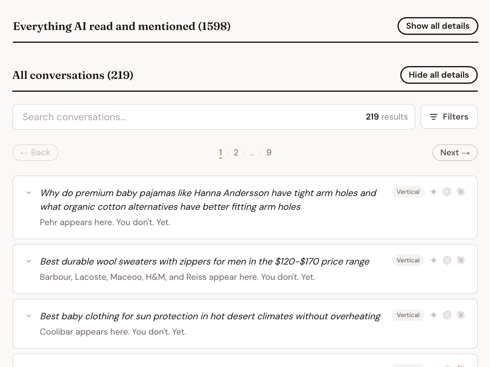 Summary of questions asked and sources cited.